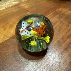 Glass Paperweight Sphere Yellow Flowers Two Butterflies MCM